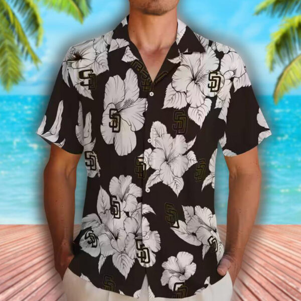 San Diego Padres Hawaiian Shirt Brown White Hibiscus Pattern 2