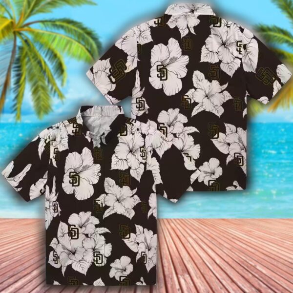 San Diego Padres Hawaiian Shirt Brown White Hibiscus Pattern 3