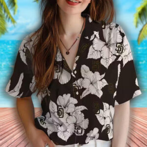 San Diego Padres Hawaiian Shirt Brown White Hibiscus Pattern 4