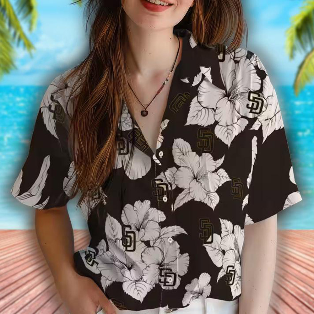 San Diego Padres Hawaiian Shirt Brown White Hibiscus Pattern San Diego Padres Hawaiian Shirt Brown White Hibiscus Pattern