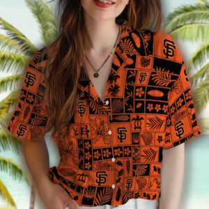 San Francisco Giants Hawaiian Shirt Orange Black Tropical Patchwork Design 4
