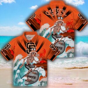 San Francisco Giants Hawaiian Shirt Surfing Skeleton Orange Blue Design 3
