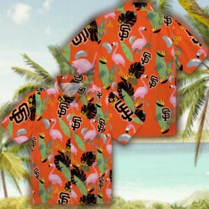 San Francisco Giants Hawaiian Shirt with Flamingo and Orange Leaves Design 3