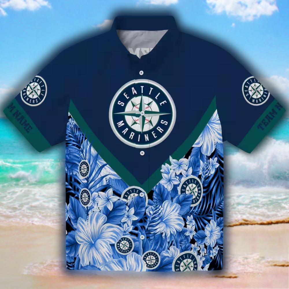 Custom Seattle Mariners Navy Floral Chevron Hawaiian Shirt Custom Seattle Mariners Navy Floral Chevron Hawaiian Shirt