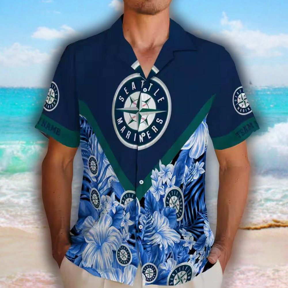 Custom Seattle Mariners Navy Floral Chevron Hawaiian Shirt Custom Seattle Mariners Navy Floral Chevron Hawaiian Shirt