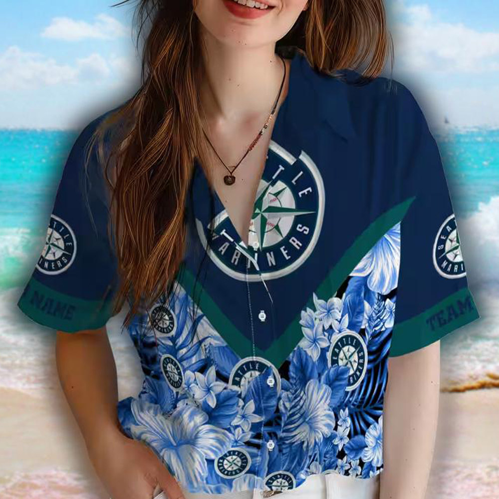 Custom Seattle Mariners Navy Floral Chevron Hawaiian Shirt Custom Seattle Mariners Navy Floral Chevron Hawaiian Shirt