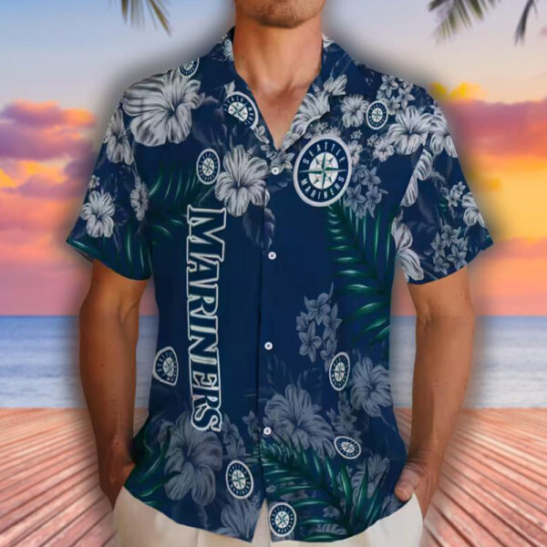 Hawaiian Shirt Navy Blue Hibiscus Print Seattle Mariners Design 2