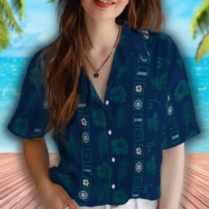 Navy Blue Hawaiian Shirt Seattle Mariners Floral Framed Design 4