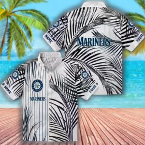 Seattle Mariners Hawaiian Shirt Navy Blue Black White Palm Stripes Design 3
