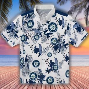 Seattle Mariners Hawaiian Shirt Navy Blue White Botanical Design 1