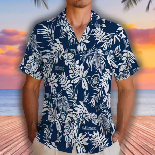 Seattle Mariners Hawaiian Shirt Navy Blue White Tropical Leaf Design 2