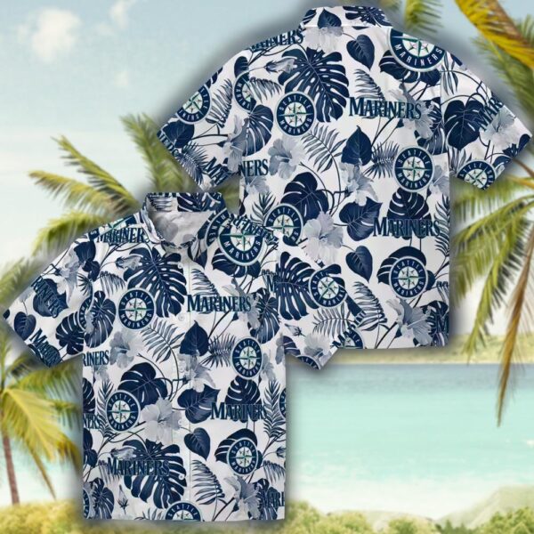 Seattle Mariners Hawaiian Shirt Navy Blue White Tropical Plants Design 3