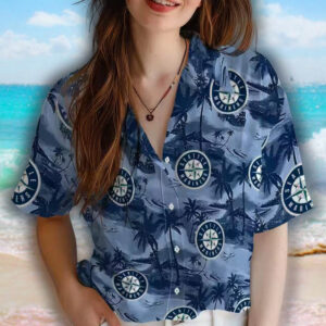 Seattle Mariners Navy Blue Hawaiian Shirt with Coastal Palms Design 4