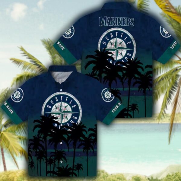 Seattle Mariners Sunset Hawaiian Shirt Navy Blue Black Personalized Design 3