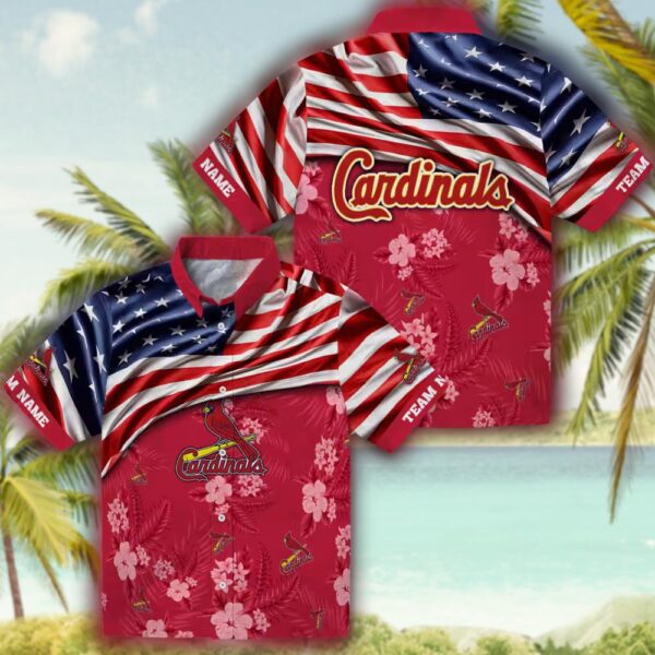 St Louis Cardinals Hawaiian Shirt Red Hibiscus US Flag Design 3