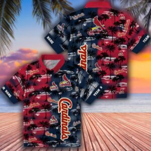 St Louis Cardinals Hawaiian Shirt Red Palm Silhouette Personalized Design 3