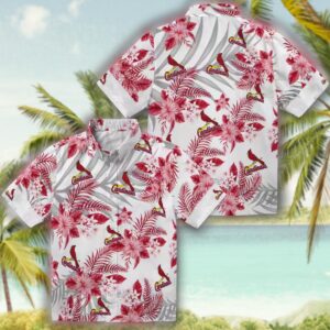 St Louis Cardinals Hawaiian Shirt Red White Hibiscus Palm Leaves 3