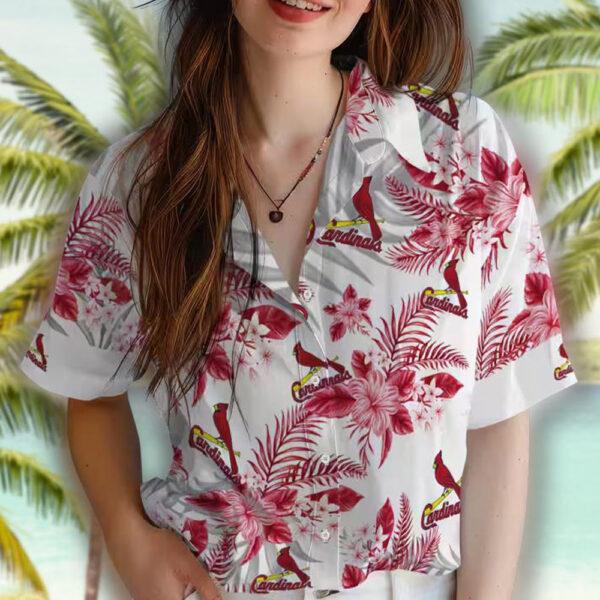 St Louis Cardinals Hawaiian Shirt Red White Hibiscus Palm Leaves 4