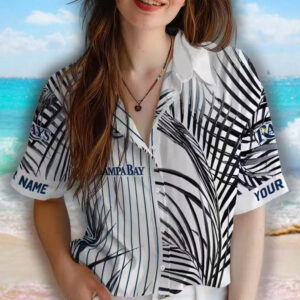 Hawaiian Shirt Tampa Bay Rays Palm Stripes Navy Black White Design 4