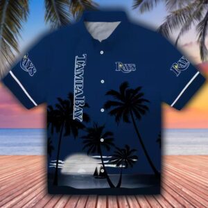 Tampa Bay Rays Hawaiian Shirt Navy Black Beach Sunset Design 1