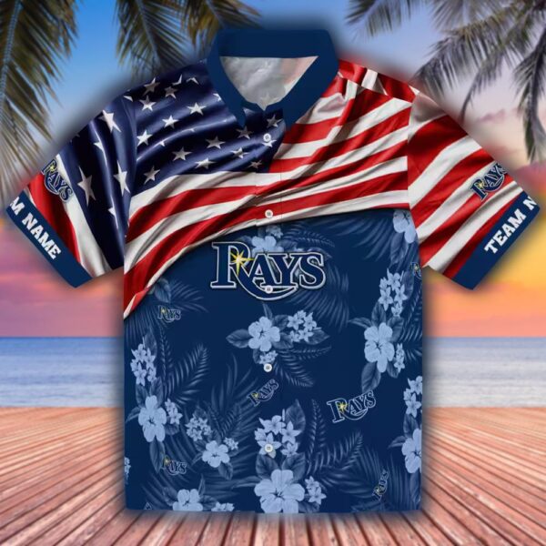 Tampa Bay Rays Navy Hawaiian Shirt Custom US Flag Hibiscus Design 1