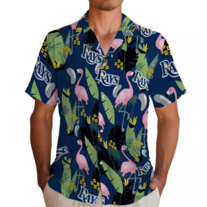 Tampa Bay Rays Navy Hawaiian Shirt with Flamingo Leaves Design 2