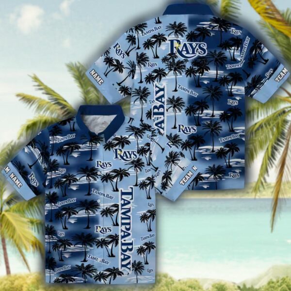 Tampa Bay Rays Navy Hawaiian Shirt with Palm Silhouettes Personalized Design 3