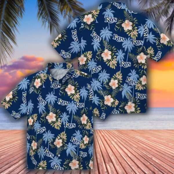 Tampa Bay Rays Navy Hawaiian Shirt with Palm Tree Design 3