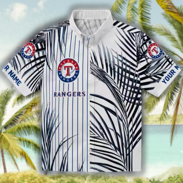 Texas Rangers Hawaiian Shirt Blue Black White Palm Stripes Design 1