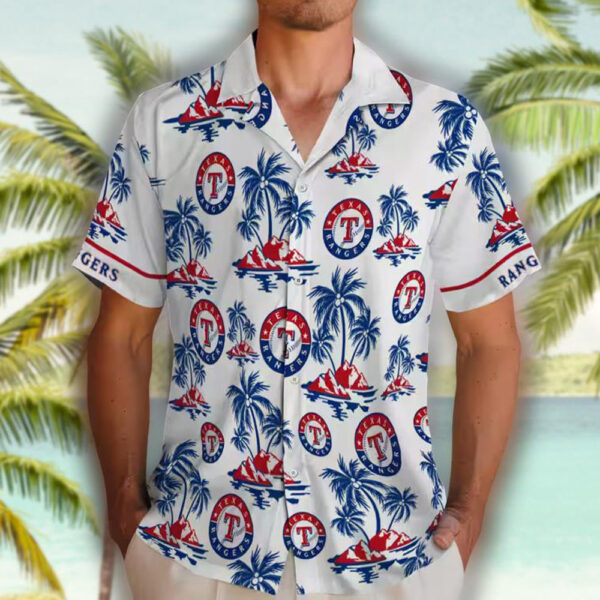 Texas Rangers Hawaiian Shirt Blue White Palm Island Print 2