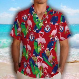 Texas Rangers Hawaiian Shirt Flamingo Foliage Blue Green Design 2