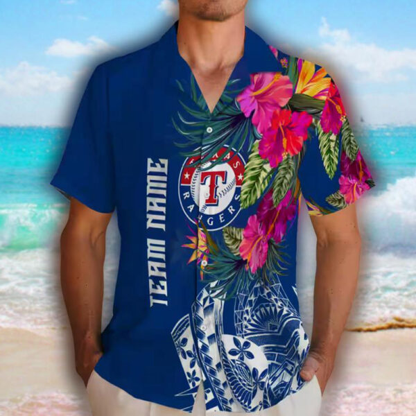 Texas Rangers Hawaiian Shirt Floral Polynesian Blue Design 2