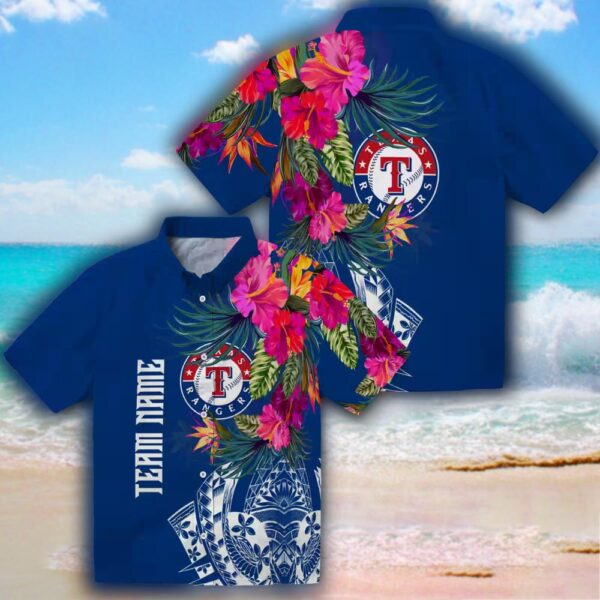 Texas Rangers Hawaiian Shirt Floral Polynesian Blue Design 3