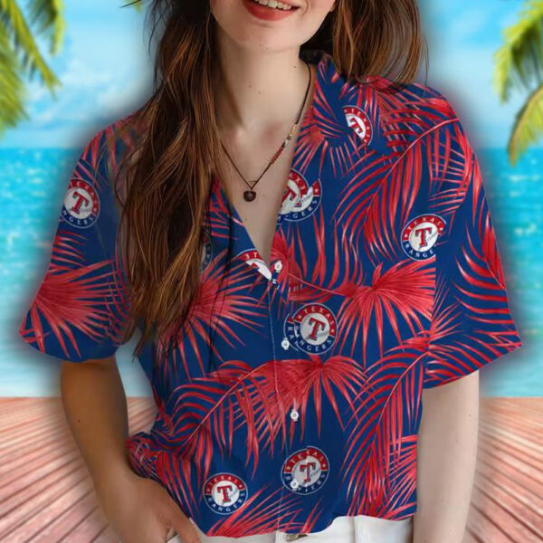 Texas Rangers Hawaiian Shirt Leafy Palms Blue Design 4