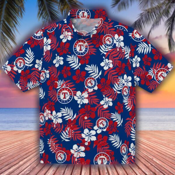 Texas Rangers Hawaiian Shirt Tropical Floral Blue Design 1