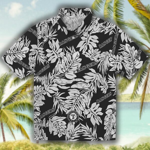 Texas Rangers Hawaiian Shirt with Monstera Leaf Black Pattern 1