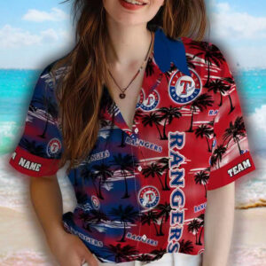 Texas Rangers Personalized Hawaiian Shirt Palm Silhouettes Blue Design 4