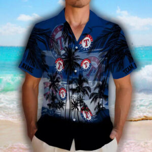 Texas Rangers Sunset Hawaiian Shirt Personalized Blue Black Design 2