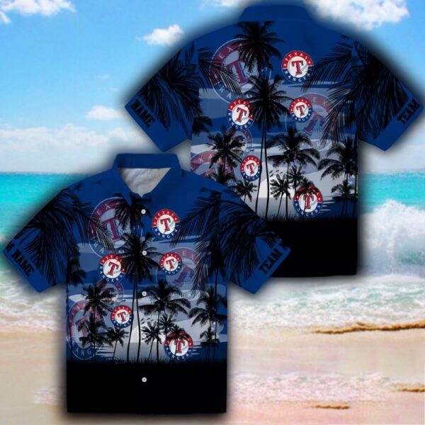 Texas Rangers Sunset Hawaiian Shirt Personalized Blue Black Design 3