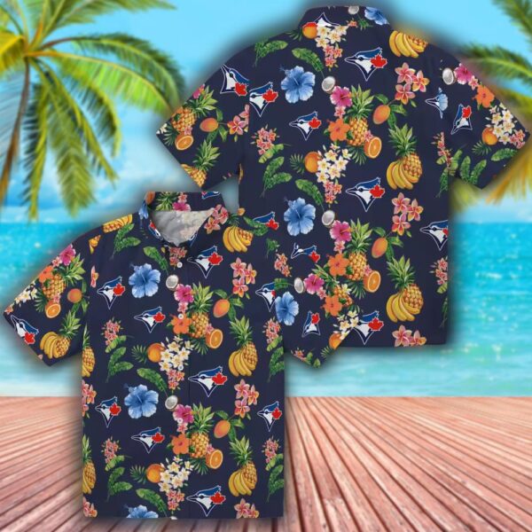 Toronto Blue Jays Hawaiian Shirt Navy Blue Hibiscus Fruit Design 3
