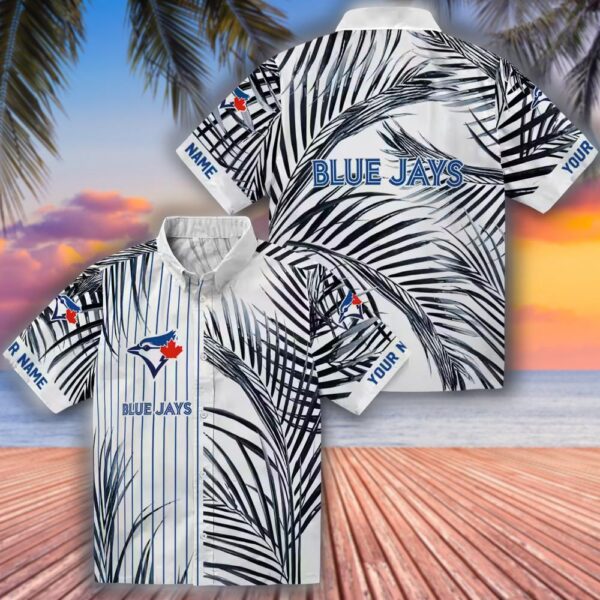 Toronto Blue Jays Hawaiian Shirt Palm Stripes Blue Black White Design 3