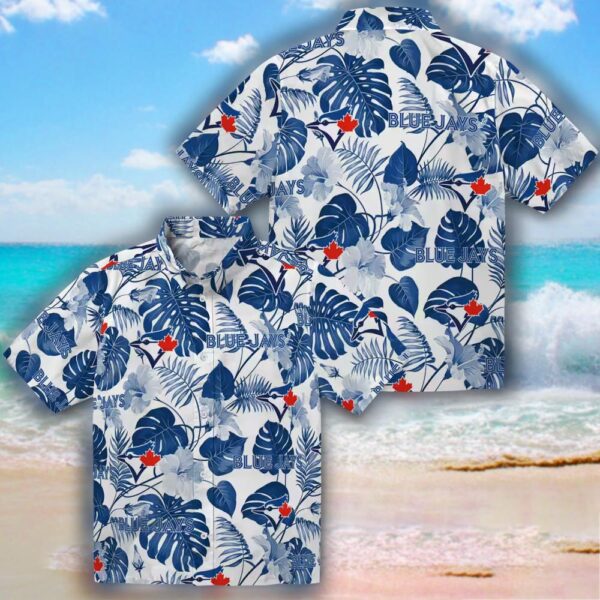 Toronto Blue Jays Hawaiian Shirt Tropical Plants Blue White Design 3