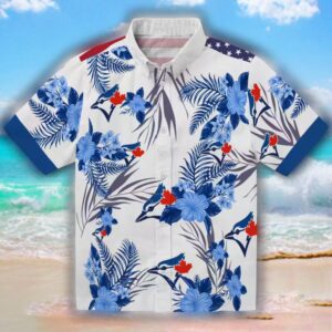 Toronto Blue Jays Patriotic Hibiscus Hawaiian Shirt Blue White Design 1