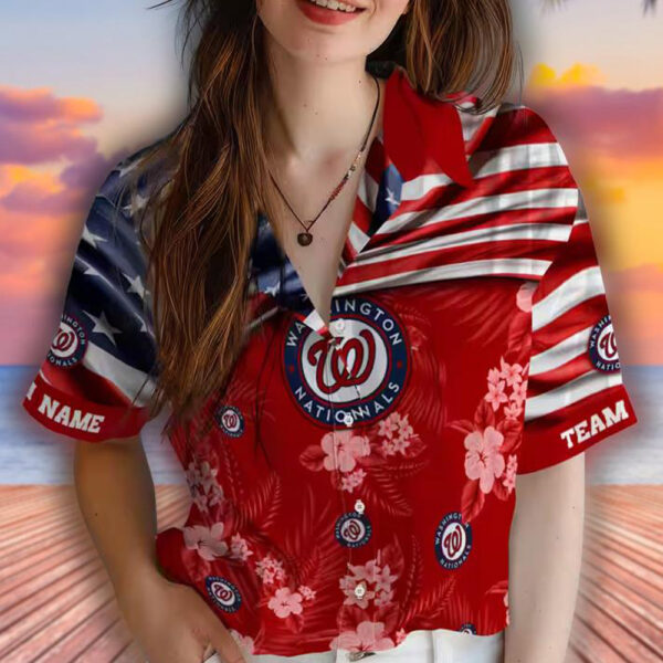 Washington Nationals Hawaiian Shirt Custom US Flag Hibiscus Red Design 4