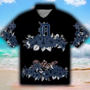 Detroit Tigers Hawaiian Shirt Navy Black Hibiscus Stripe Design 1 1