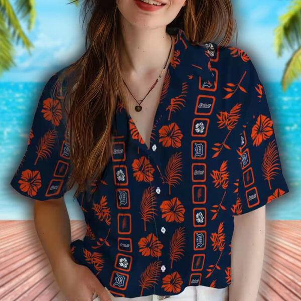 Detroit Tigers Navy Hawaiian Shirt with Floral Design Framed 4 1